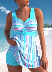 Drawstring High Waisted Striped Cyan Swimdress and Shorts