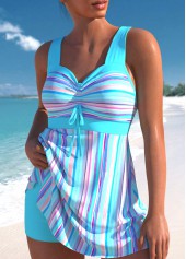 Drawstring High Waisted Striped Cyan Swimdress and Shorts | thumb picture 