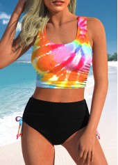 Drawstring Mid Waisted Tie Dye Print Bikini Set