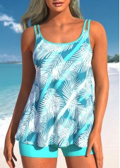 Mid Waisted Tropical Plants Print Cyan Tankini Set