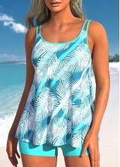 Mid Waisted Tropical Plants Print Cyan Tankini Set | thumb picture 