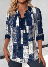 Navy Lace Up Geometric Print 3/4 Sleeve Blouse