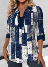 Navy Lace Up Geometric Print 3/4 Sleeve Blouse | thumb picture 