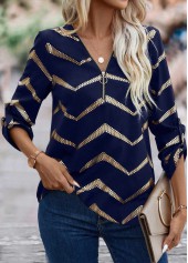 Navy Hot Stamping Geometric Print Long Sleeve Blouse