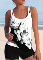 High Waisted Floral Print White Tankini Set