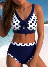 Bowknot High Waisted Polka Dot Navy Bikini Set