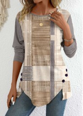 Light Camel Patchwork Graffiti Print Long Sleeve T Shirt