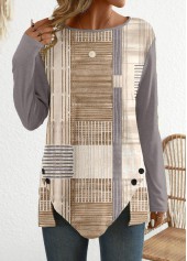 Light Camel Patchwork Graffiti Print Long Sleeve T Shirt | thumb picture 