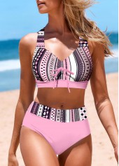 Patchwork Mid Waisted Striped Pink Bikini Set