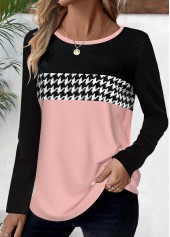 Pink Geometric Print Long Sleeve Round Neck T Shirt