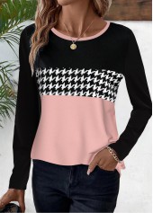 Pink Geometric Print Long Sleeve Round Neck T Shirt | thumb picture 