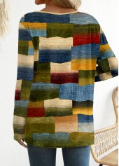 Multi Color Button Geometric Print Long Sleeve T Shirt