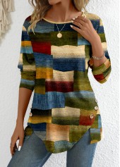 Multi Color Button Geometric Print Long Sleeve T Shirt