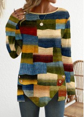 Multi Color Button Geometric Print Long Sleeve T Shirt