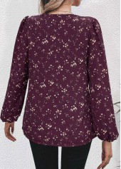 Dark Reddish Purple Split Floral Print Long Sleeve Blouse | thumb picture 