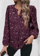 Dark Reddish Purple Split Floral Print Long Sleeve Blouse