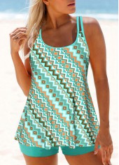 Patchwork Mid Waisted Tribal Print Cyan Tankini Set