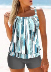 Patchwork Mid Waisted Geometric Print Grey Tankini Set