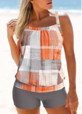 Criss Cross Mid Waisted Geometric Print Orange Tankini Set