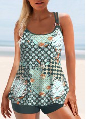 Circular Ring Mid Waisted Tribal Print Green Tankini Set | thumb picture 