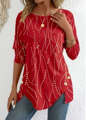Red Button Geometric Print Long Sleeve T Shirt