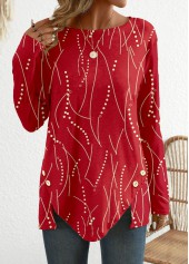 Red Button Geometric Print Long Sleeve T Shirt | thumb picture 
