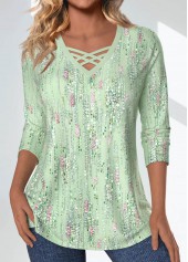 Light Green Criss Cross Geometric Printed Non-sequined T Shirt