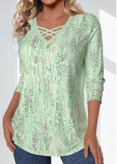 Light Green Criss Cross Geometric Printed Non-sequined T Shirt | thumb picture 