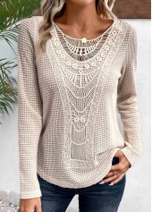 Beige Lace Long Sleeve Round Neck T Shirt | thumb picture 