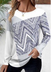 White Patchwork Geometric Print Long Sleeve T Shirt