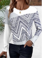 White Patchwork Geometric Print Long Sleeve T Shirt | thumb picture 
