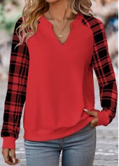 Red Split Plaid Long Sleeve Sweatshirt