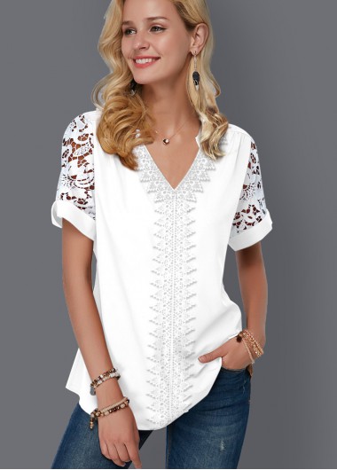 women clothes image of White Mesh Short Sleeve V Neck Blouse