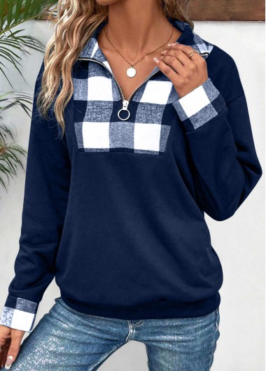 Modlily Navy Patchwork Plaid Long Sleeve Turn Down Collar Sweatshirt - XL