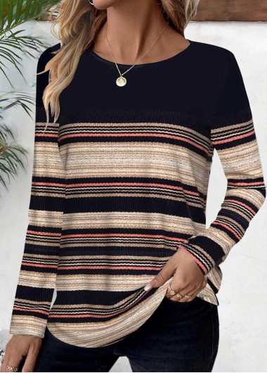 women clothes image of Black Striped Long Sleeve Round Neck T Shirt