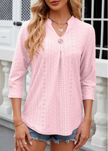 women clothes image of Light Pink Button 3/4 Sleeve Split Neck T Shirt