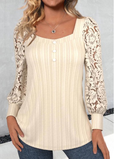 Modlily Skin Color Lace Long Sleeve Square Neck T Shirt - S