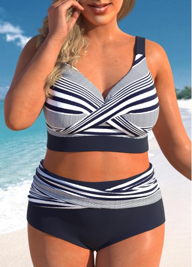 Modlily Plus Size Criss Cross Navy Striped Bikini Set - 3X