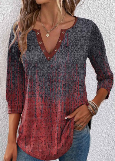 Wine Red Eyelet Ombre 3/4 Sleeve T Shirt | modlily.com - USD 28.98