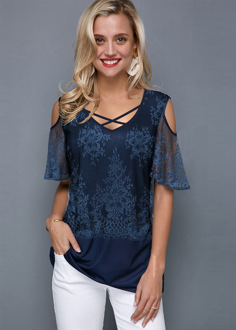 Criss Cross Short Sleeve V Neck T Shirt | picture 