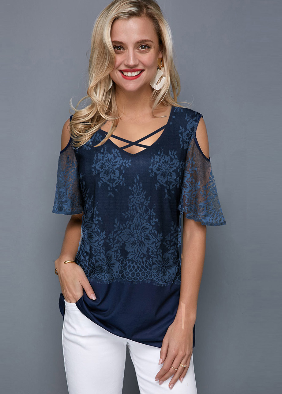 Criss Cross Short Sleeve V Neck T Shirt | picture 