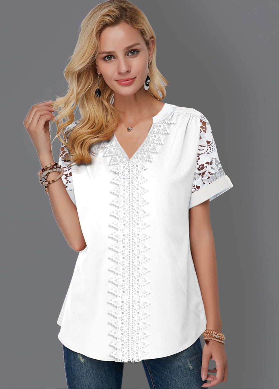 White Mesh Short Sleeve V Neck Blouse | picture 