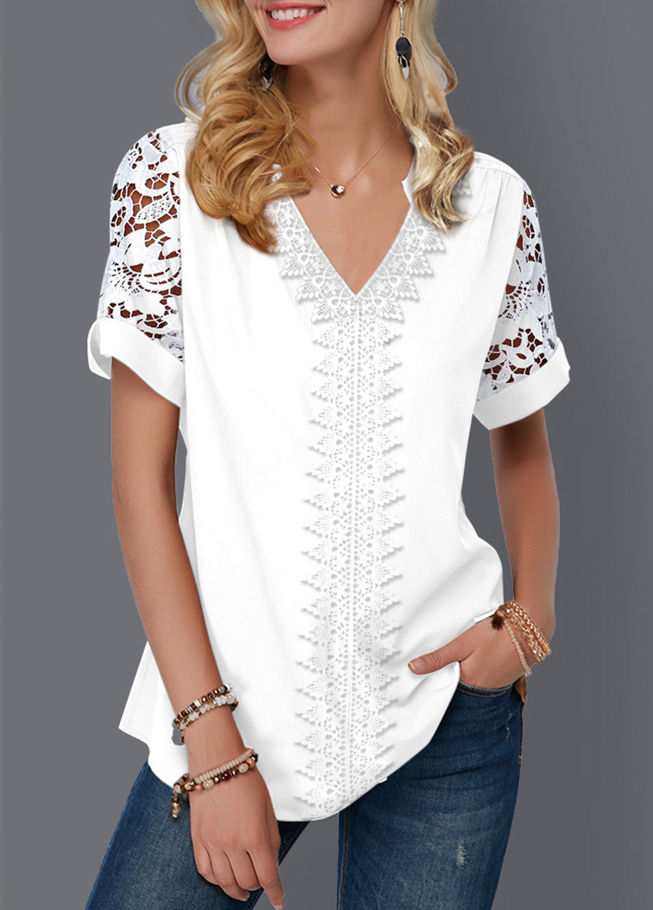 White Mesh Short Sleeve V Neck Blouse | picture 