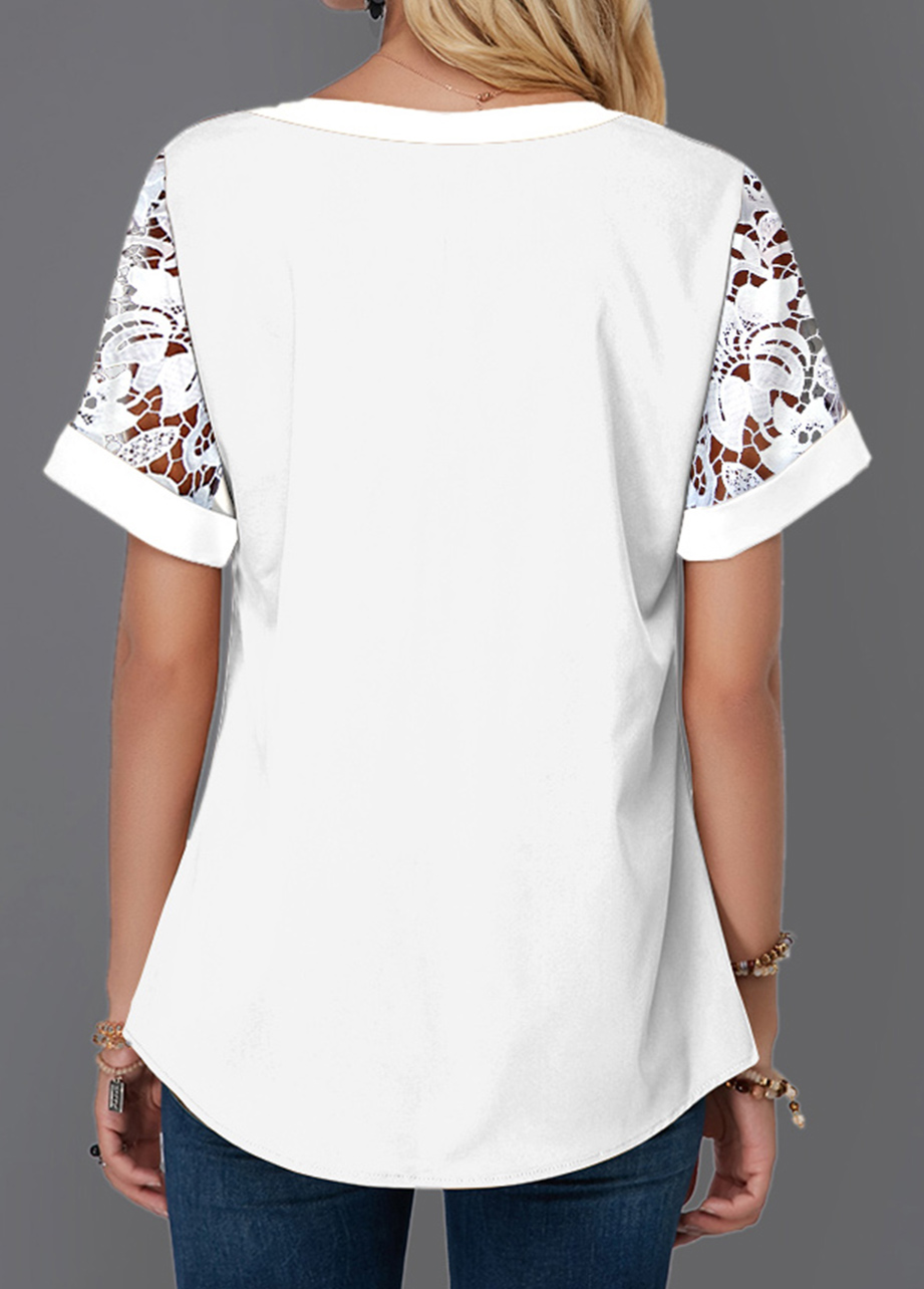 White Mesh Short Sleeve V Neck Blouse | picture 