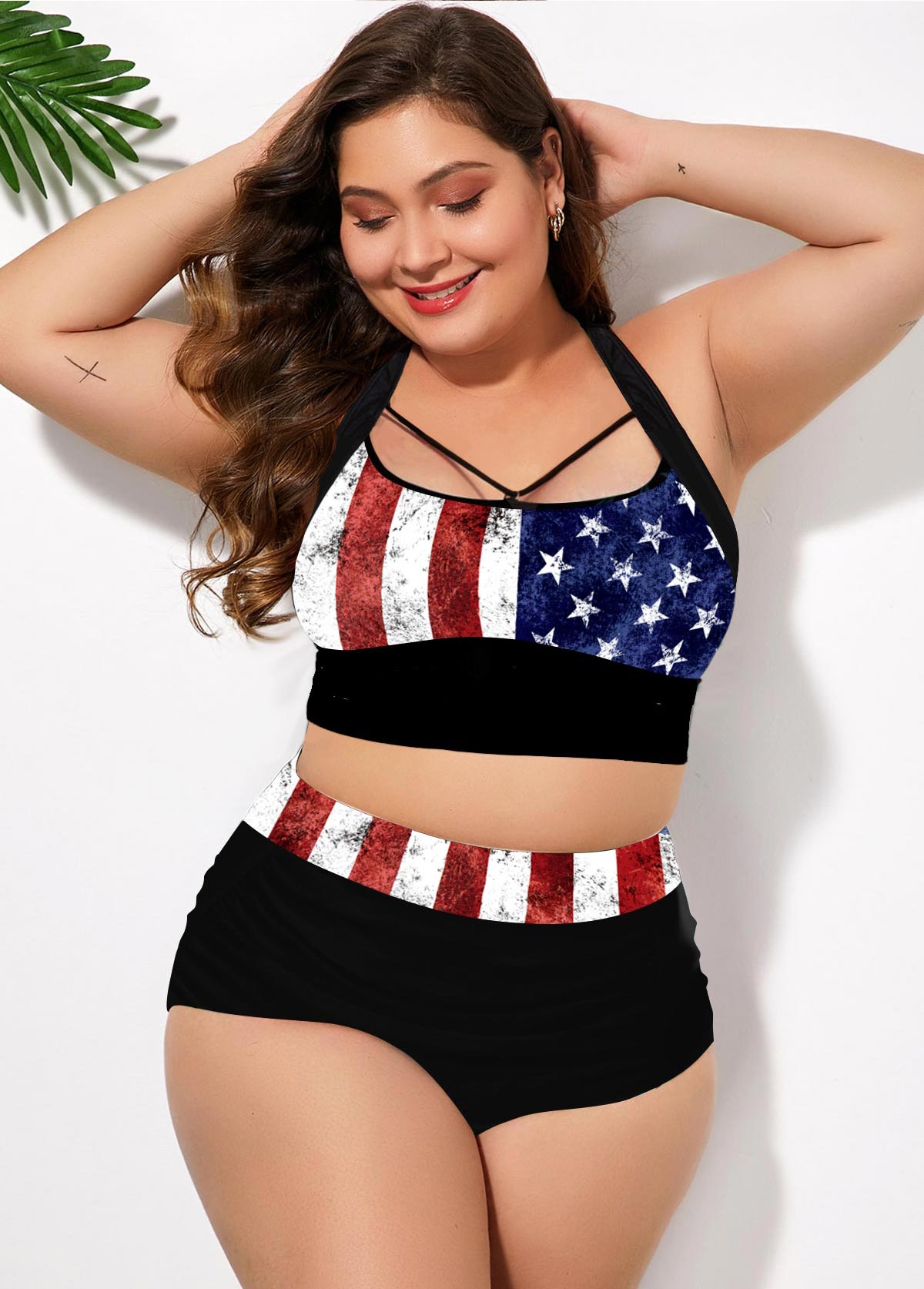 Plus Size American Flag Print Cross Strap Bikini Set | picture 
