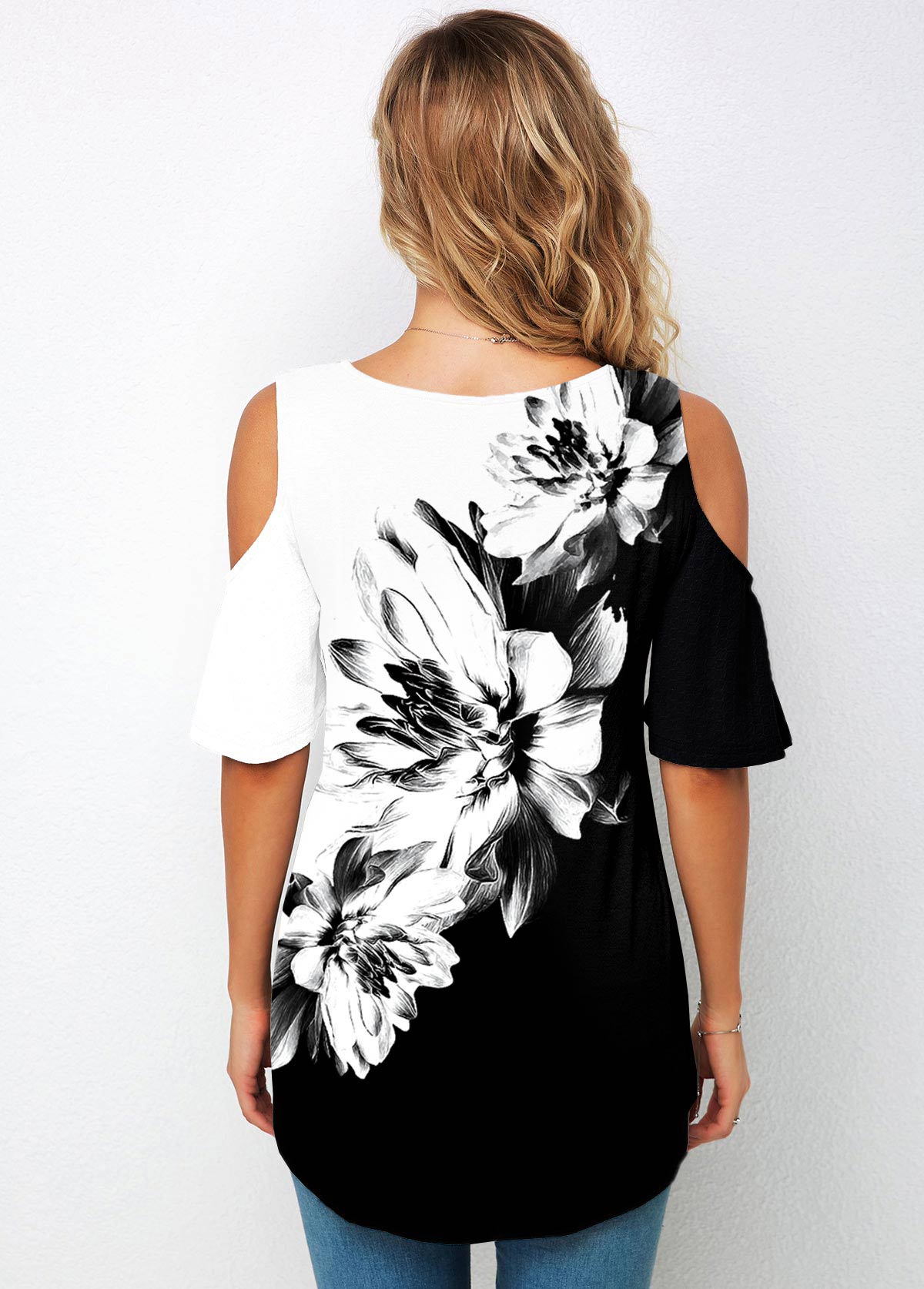 Floral Print Cold Shoulder Half Sleeve T Shirt | picture 