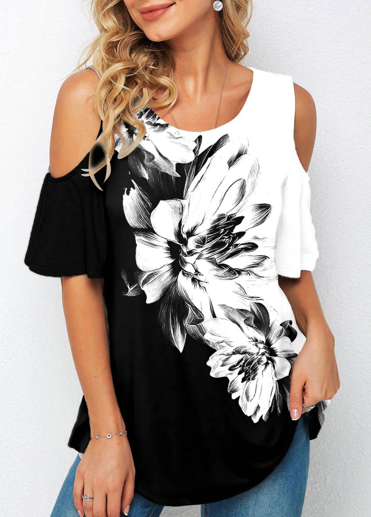 Floral Print Cold Shoulder Half Sleeve T Shirt | picture 