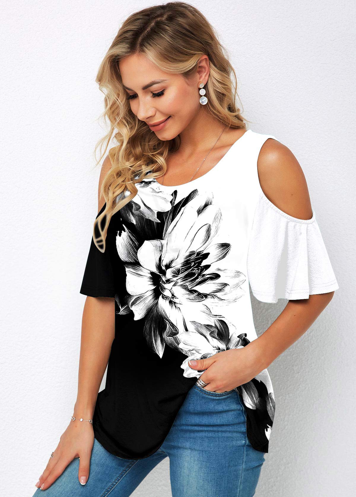 Floral Print Cold Shoulder Half Sleeve T Shirt | picture 