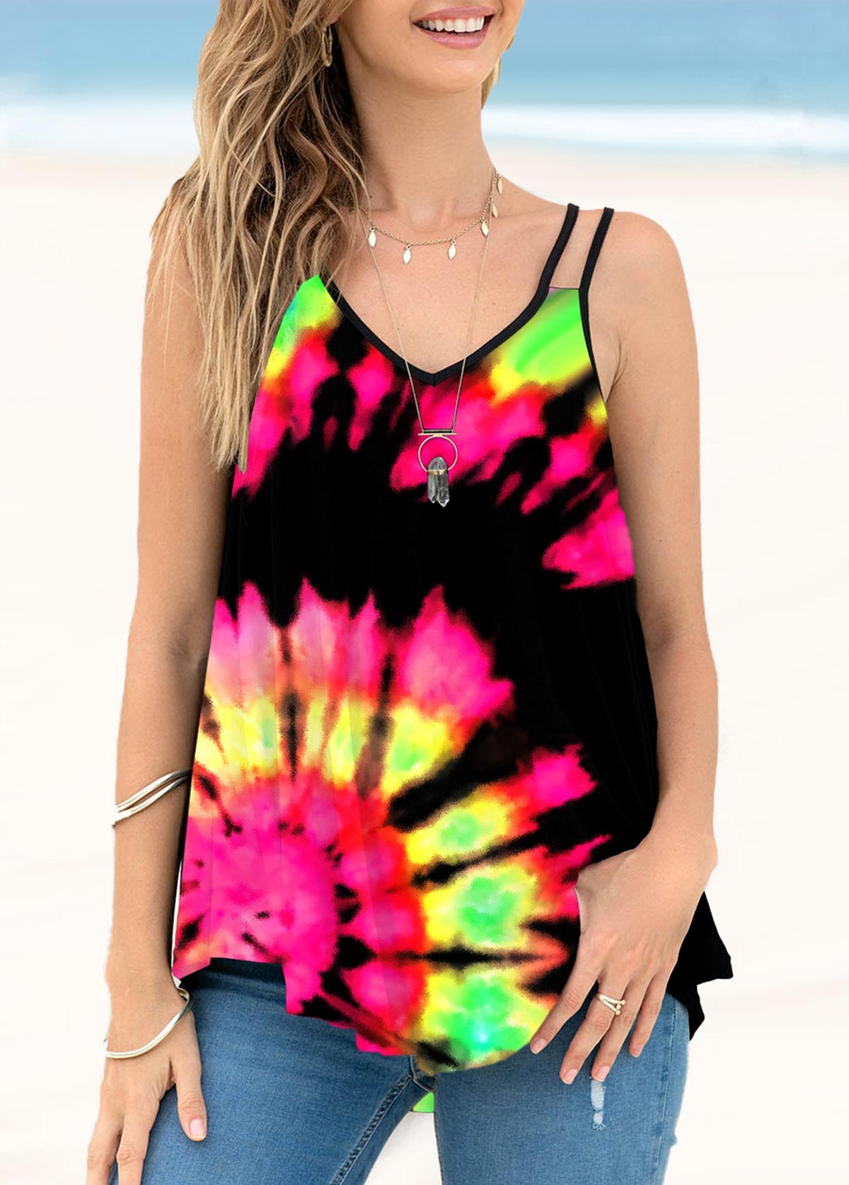 Spaghetti Strap Tie Dye Print Multi Color Camisole Top | picture 