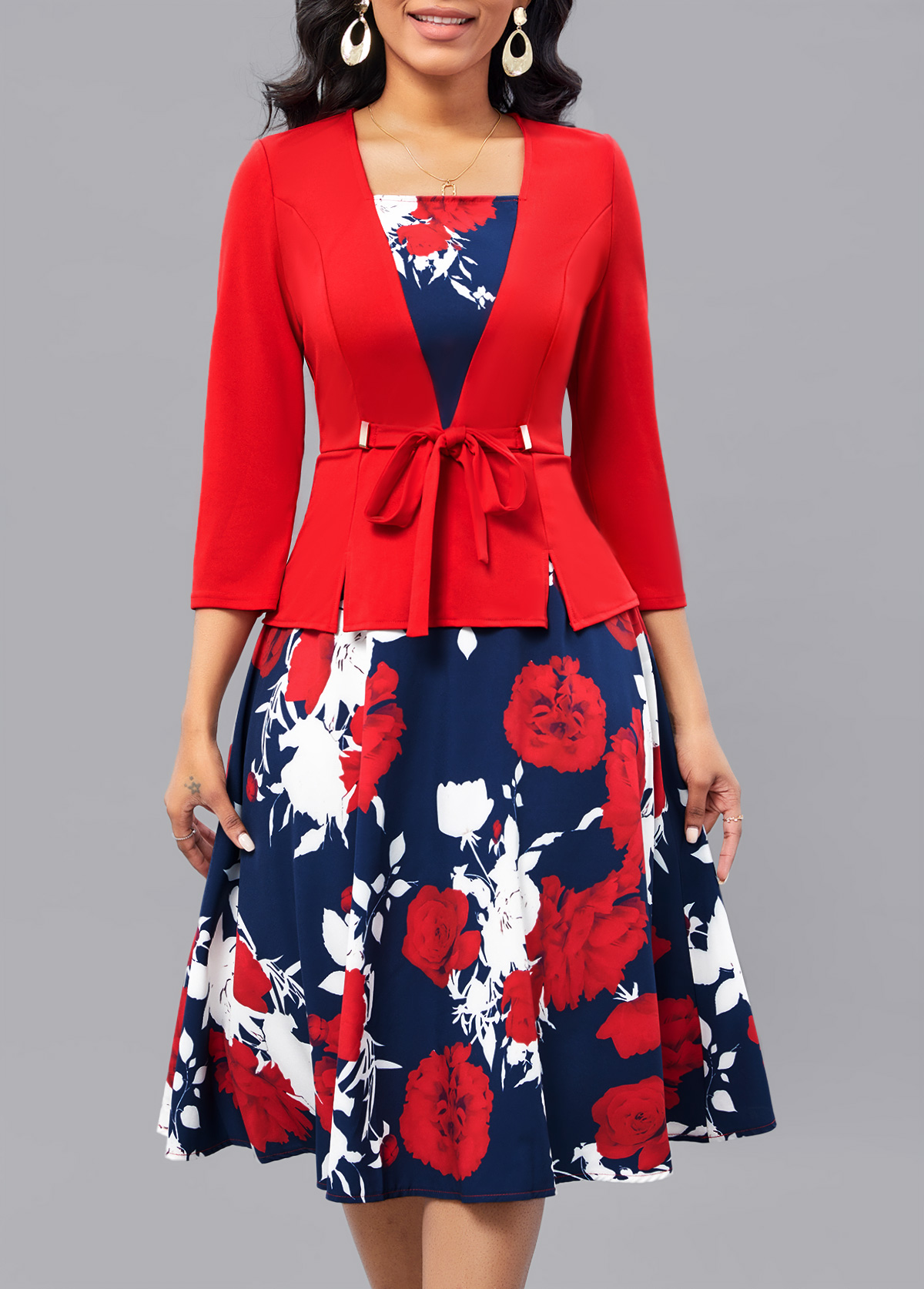 Red Fake 2in1 Floral Print Belted Square Neck Dress